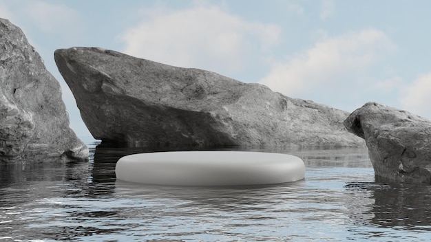 natural podium display on water with rocks, empty minimal pedestal for product showcase, 3D Render