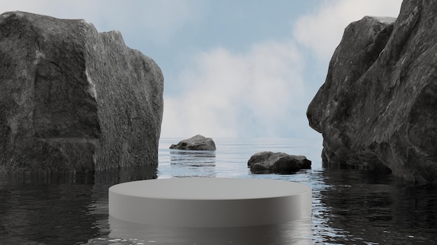 natural podium display on water with rocks, empty minimal pedestal for product showcase, 3D Render