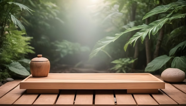 natural podium product presentation in a wooden table with a plant on the top of it