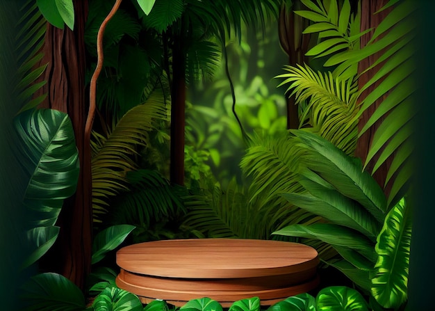 Natural podium in tropical forest with flowers ai generated