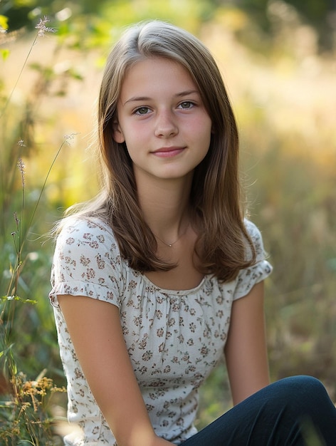 Photo natural portrait of a young girl in a serene outdoor setting