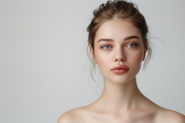 Photo natural portrait of a young woman with brown hair and blue eyes