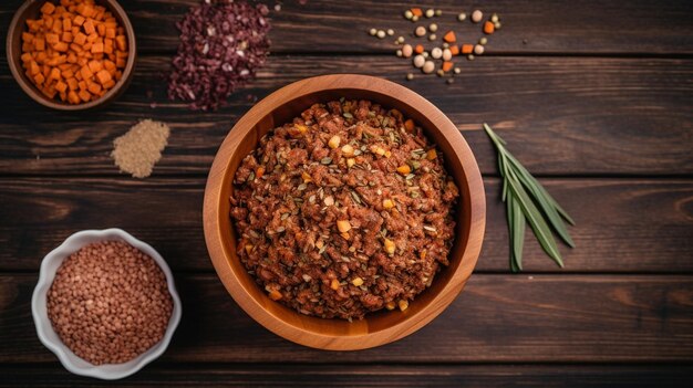 Natural raw organic dog food in bowl on wooden table