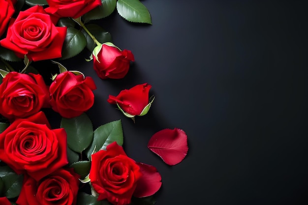 Natural red roses on black background with space for text Generative AI