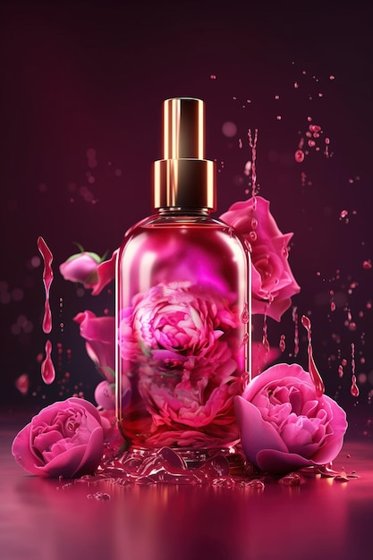 Natural rose essential oil in a glass bottle splash with pink flowers