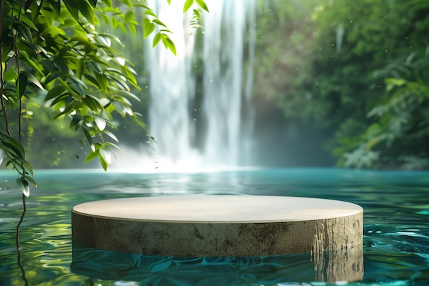 natural round podium with a water fall in a tropical forest