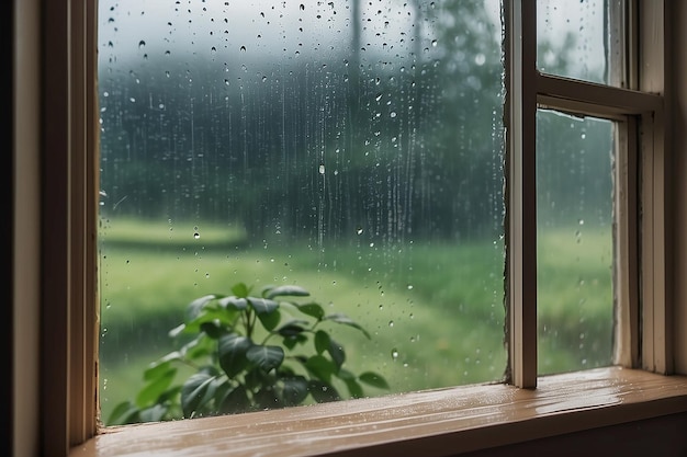 Natural route through window with rain drops