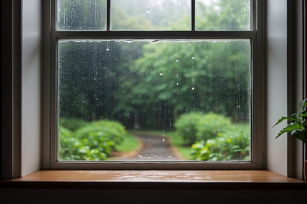 Natural route through window with rain drops