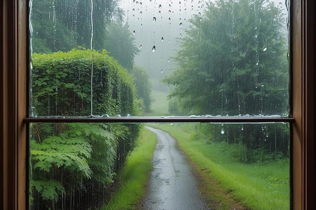 Photo natural route through window with rain drops