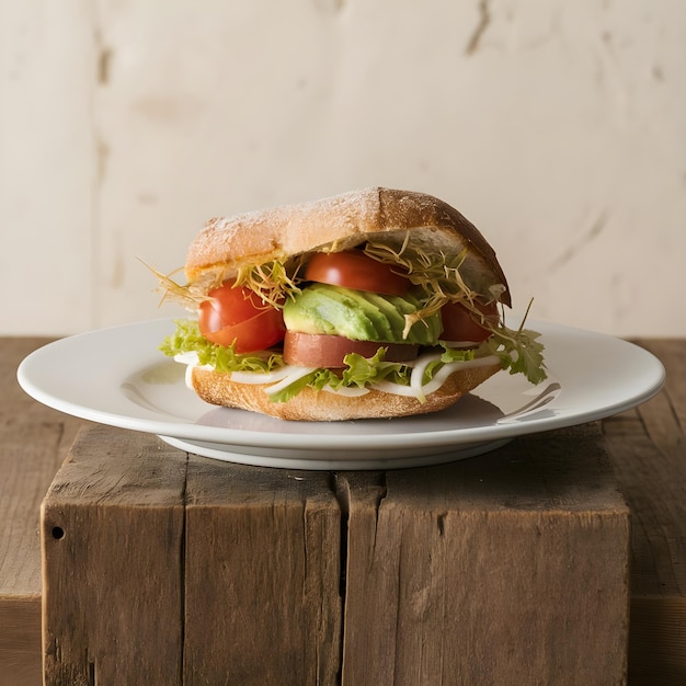 natural sandwich on a white plate wooden table and neutral background