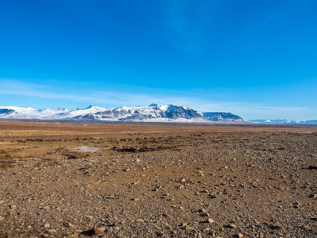 Natural scenic view of mountains and field in winter season in Iceland