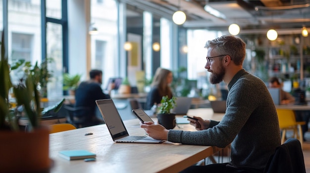 Photo a natural shot of professionals in a coworking space engaged in a video conference using smartphones and laptops to collaborate digitally ar 169 style raw v 61 job id 4c0d79a773d5428190b673a27a7834ee