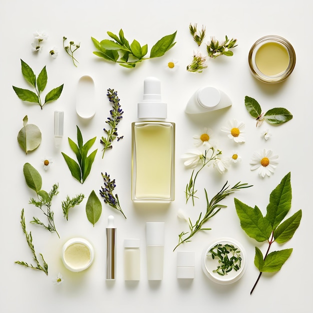 Natural skincare flat lay with essential oils herbs and organic products arranged artistically on a white background