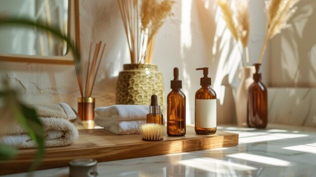 Natural skincare products in a sunlit bathroom