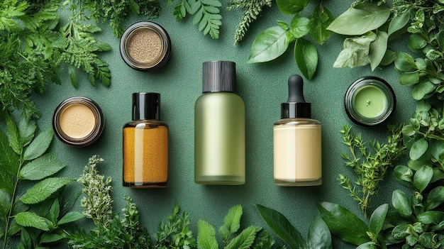 Photo natural skincare products with green foliage