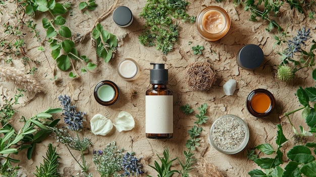 Photo natural skincare products with herbs and flowers on rustic background