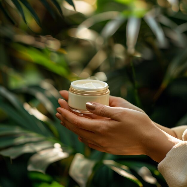 Natural Skincare Routine Closeup of Hands Holding Moisturizing Cream Jar with Green Plant Background