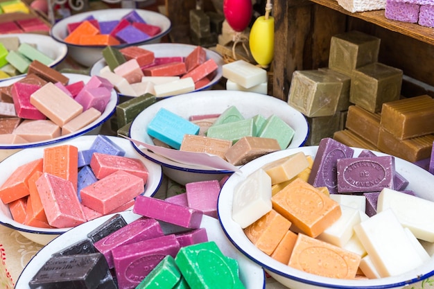 Natural soap on the counter of the city sunday market in Parma Italy