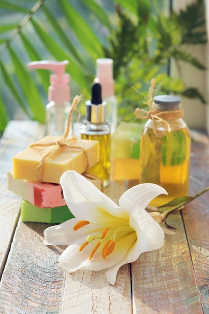 Natural soap white lily flower aroma oil spray and healthy tinctures spa organic cosmetics