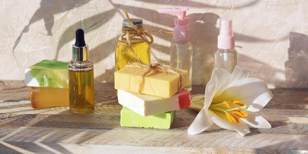 Natural soap white lily flower aroma oil spray and healthy tinctures spa organic cosmetics