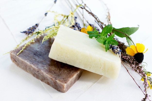 Natural soap with herbs, close-up.