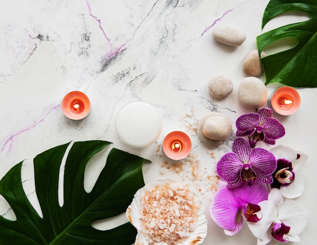 Natural spa ingredients with orchid flowers