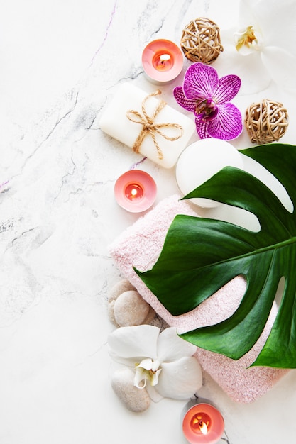 Natural spa ingredients with orchid flowers