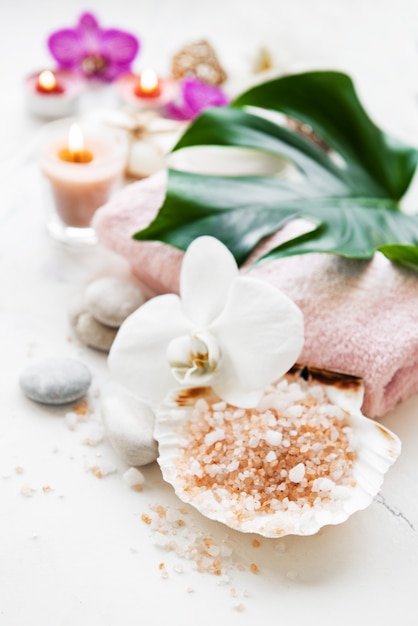 Natural spa ingredients with orchid flowers