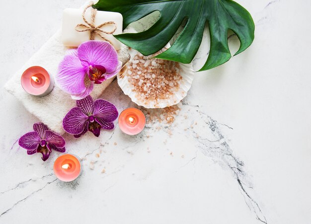 Natural spa ingredients with orchid flowers