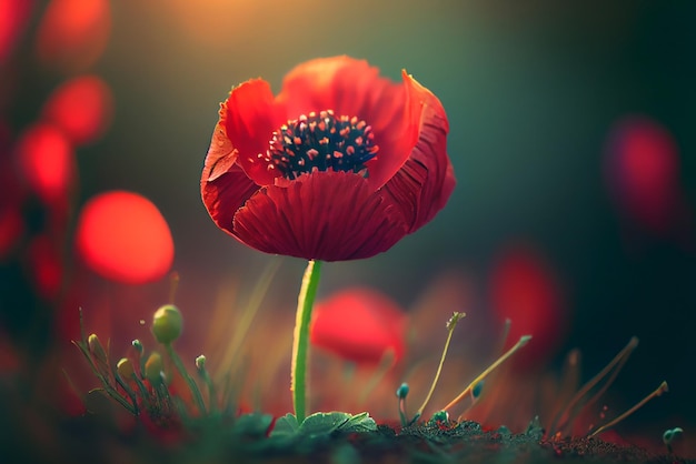 Natural spring light red poppy flowers on green background Illustration Generative AI