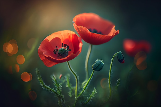 Natural spring light red poppy flowers on green background Illustration Generative AI