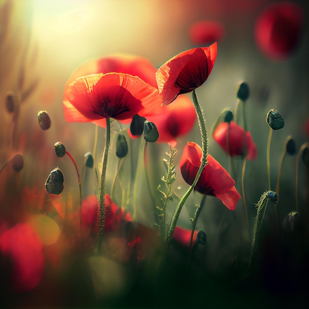 Natural spring light red poppy flowers on green background Illustration Generative AI