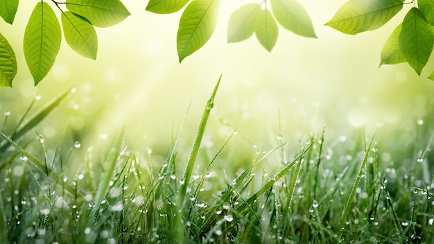 Natural spring summer green background with frame of grass with dew and leaves. Sunbeam in backlight