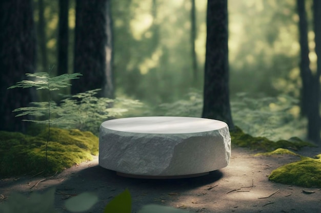 Natural stone and concrete podium in forest with plant Empty showcase for packaging product presentation Created with Generative AI technology