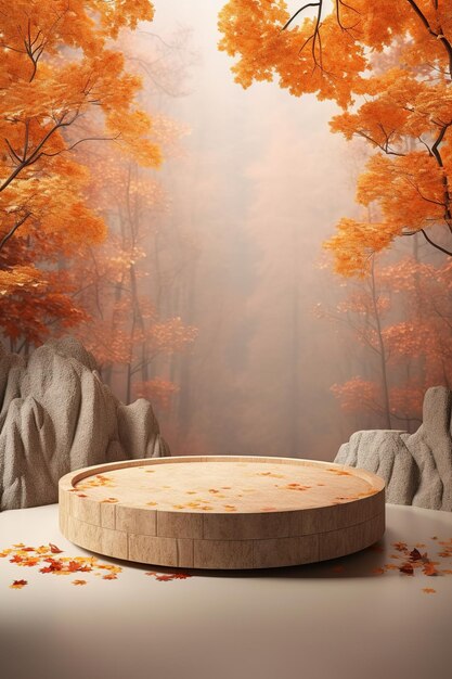 Natural stone shape product display podium in autumn