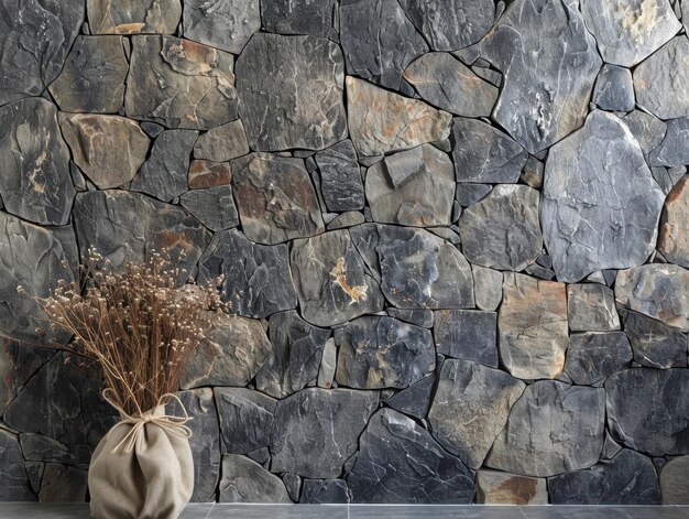 Photo natural stone wall with decorative dried flowers