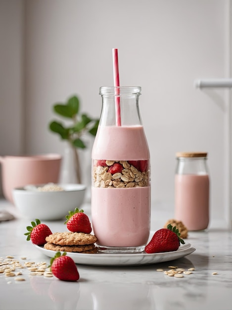 Natural strawberry milk glass jar filling straw