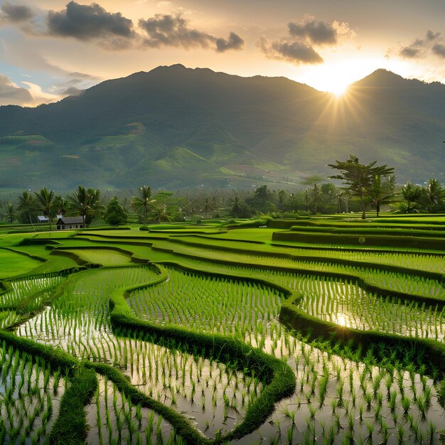 Natural style green rice fields with mountains and coconut trees in the background