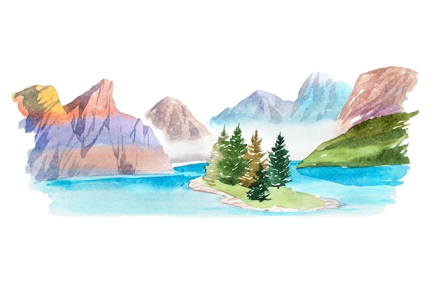 Natural summer landscape mountains and lake watercolor illustration