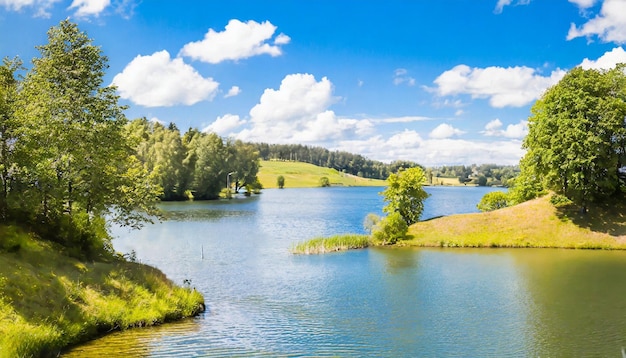 Photo natural summer scenery with a lake trees and blue sky