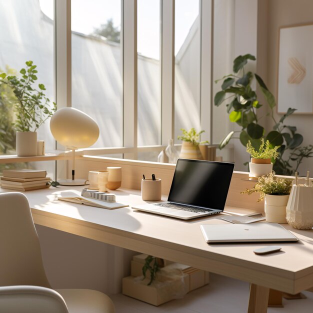 Natural Sunlight Illuminating a Minimalistic Contemporary Workspace with Copyspace