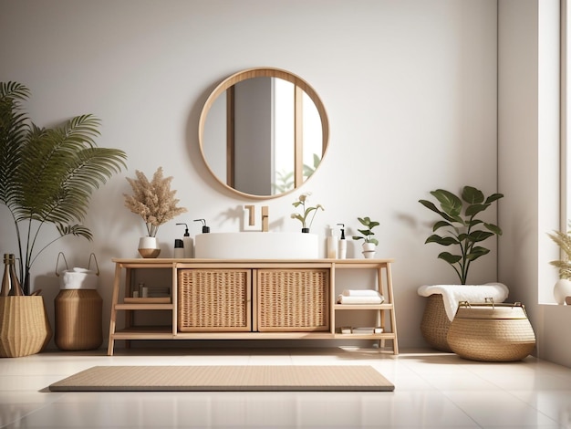 Natural Tranquility Empty Modern Bathroom Interior Design with Wooden Accents