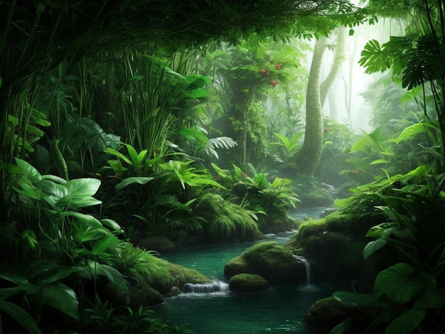 Natural tropical landscape with waterfall flowing between rocks and trees Water stream flows into l