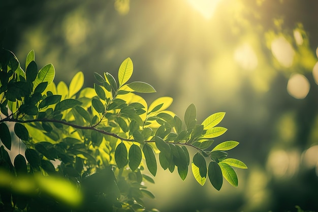 Natural view of green leaf on greenery blurred background in the garden on morning time sunlight