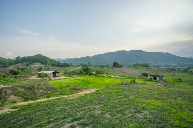 Natural view with small hut in the evening at Pai, Thailand