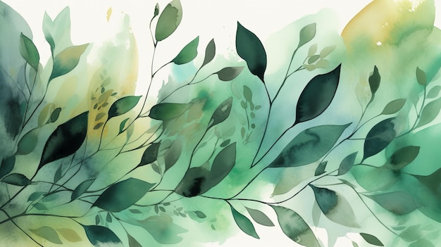 Natural Watercolor Background with Branches and Leaves AI Generation