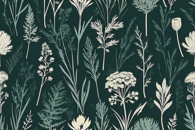 Photo natural wildflowers and herbs print vector vintage seamless pattern with grass leaf silhouettes stamp leaves floral background meadow plants wallpaper handmade not ai