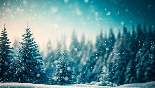 Natural winter background with snow drifts and falling snow Beautiful winter background of snow and blurred forest in background