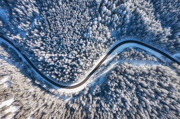 Natural winter landscape from air Aerial view on the road and forest at the winter time Winter chill Forest and snow The photo is in high resolution