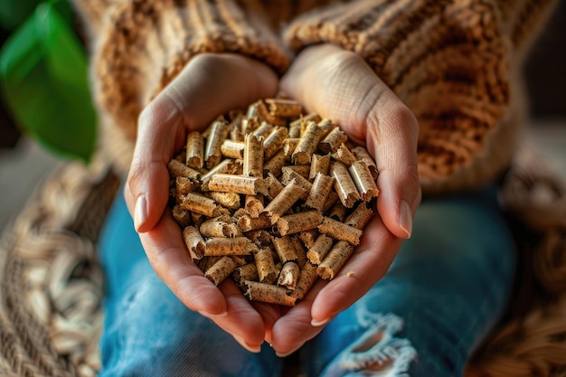 Photo natural wood pellet for heating in womens hands bio fuel